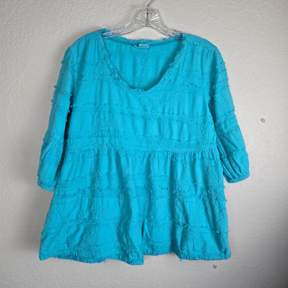 Tianello Steve Barraza Shelby Blouse M Blue Cotton Embroidered Babydoll‎ Boho